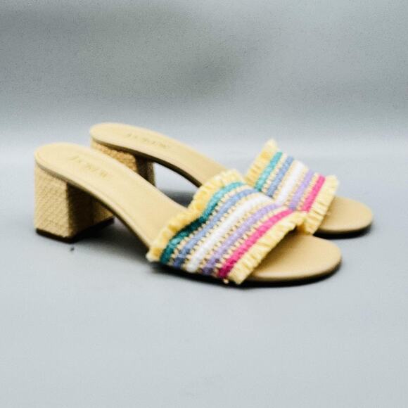 J Crew Sandals Womens 8.5 Beige Woven Slide Open Toe Block Heel Raffia Fringe - Picture 2 of 11